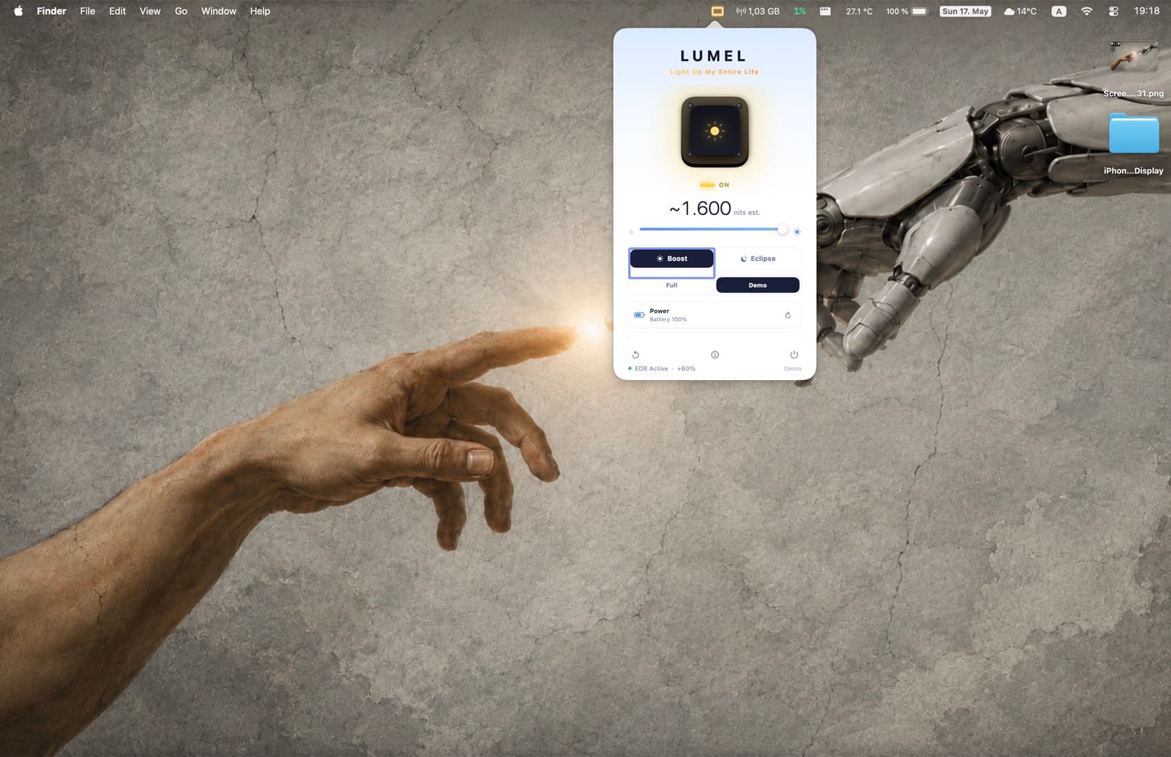 The LUMEL popover open in the macOS menu bar with Boost active.